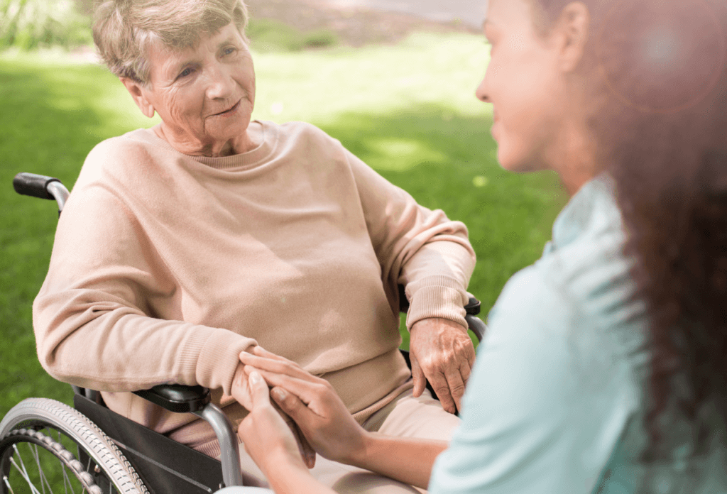 A picture of two older people talking.