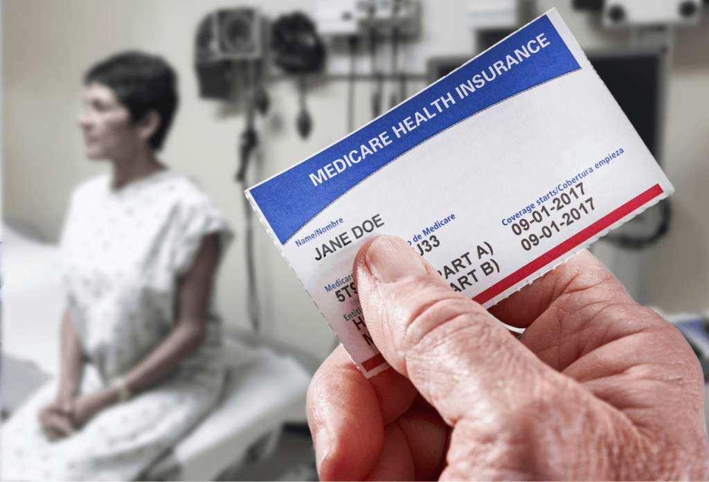 A man is holding a medicare card with a female patient showing in the background in a blog about losing medicare eligibility.